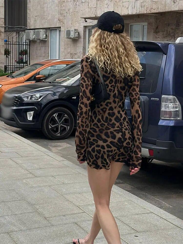 New Sexy Leopard Print One Piece Dress Women Casual Simple Round Neck Vintage Slim Clothing Female Fashion Design High Street Mini Dresses