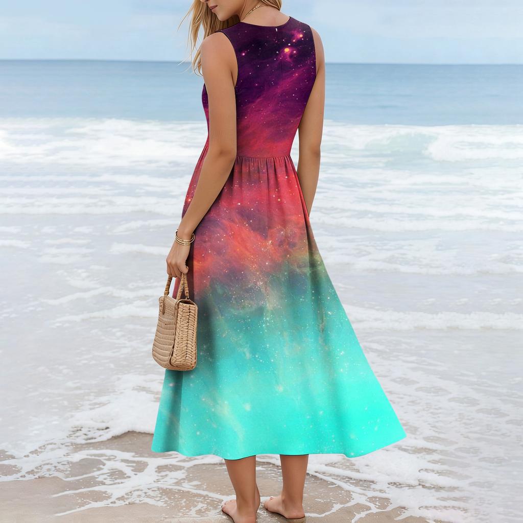 Maxi Abito Senza Maniche con Stampa Sfumata da Donna Estate Casual Vestibilità Larga Girocollo Lungo Abito da Sole Tessuto Leggero