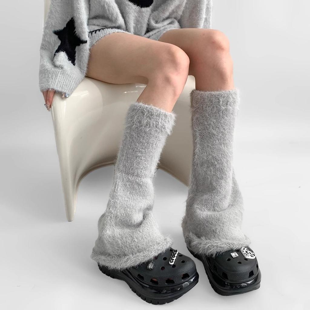 Autumn Winter Gray Series Gray Plush Warm Versatile JK Spice Girl Mid-calf Leg Warmers Y2K Wide-leg Cuffed Slouchy Leg Warmers