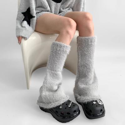 Autumn Winter Gray Series Gray Plush Warm Versatile JK Spice Girl Mid-calf Leg Warmers Y2K Wide-leg Cuffed Slouchy Leg Warmers