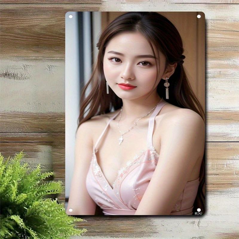 Retro Metal Sign Wall Art Korean Minimalist Pink Blush Female Face Poster Rustic Vintage Home Decor Advertising Sign