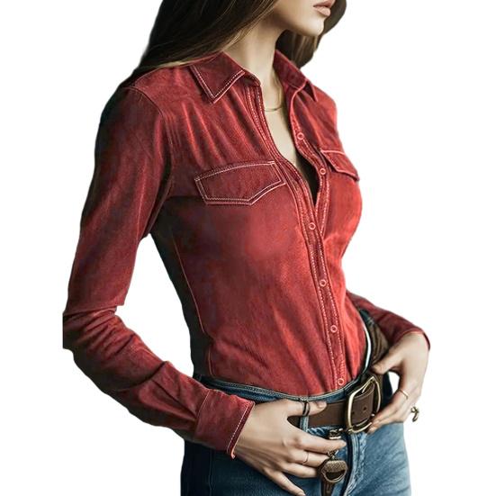 Women Shirt Lapel Long Sleeve Buttons Closure Slim Fit Shirt Suede Texture Retro Solid Color Casual Shirt Tops