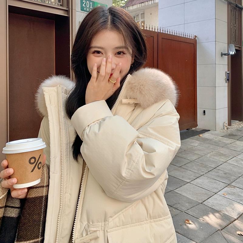 2025 Women's Korean Style Winter Down Jacket: Mid-Length, Hooded, with Large Fur Collar, Loose Fit, Thick and Warm.