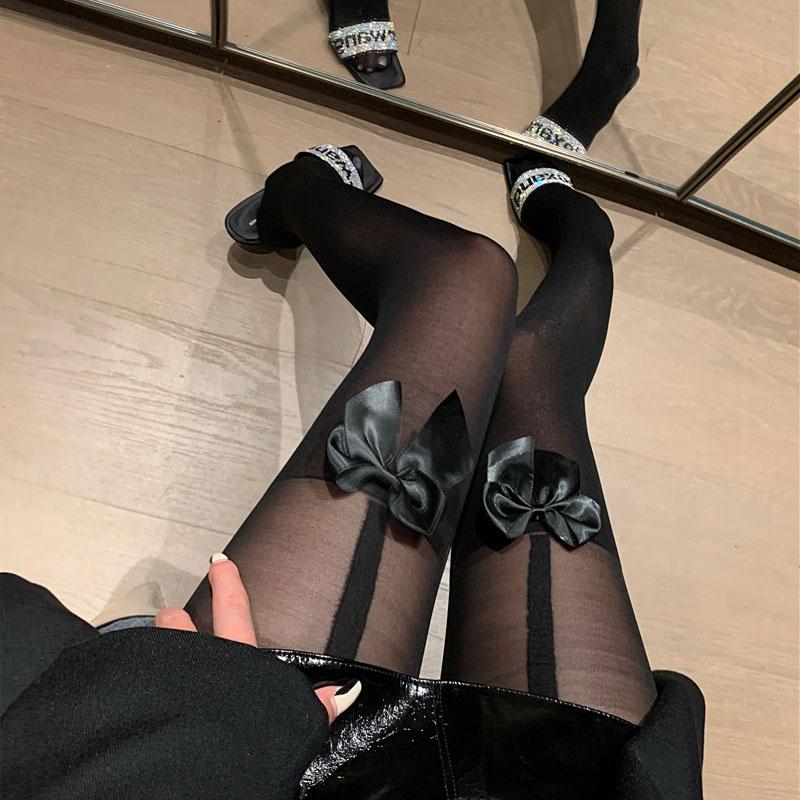 BOW Floral Print Lace Stockings Spandex Elastic Knee High Socks Maillard Colors Pantyhose for Fashion Women Outfits