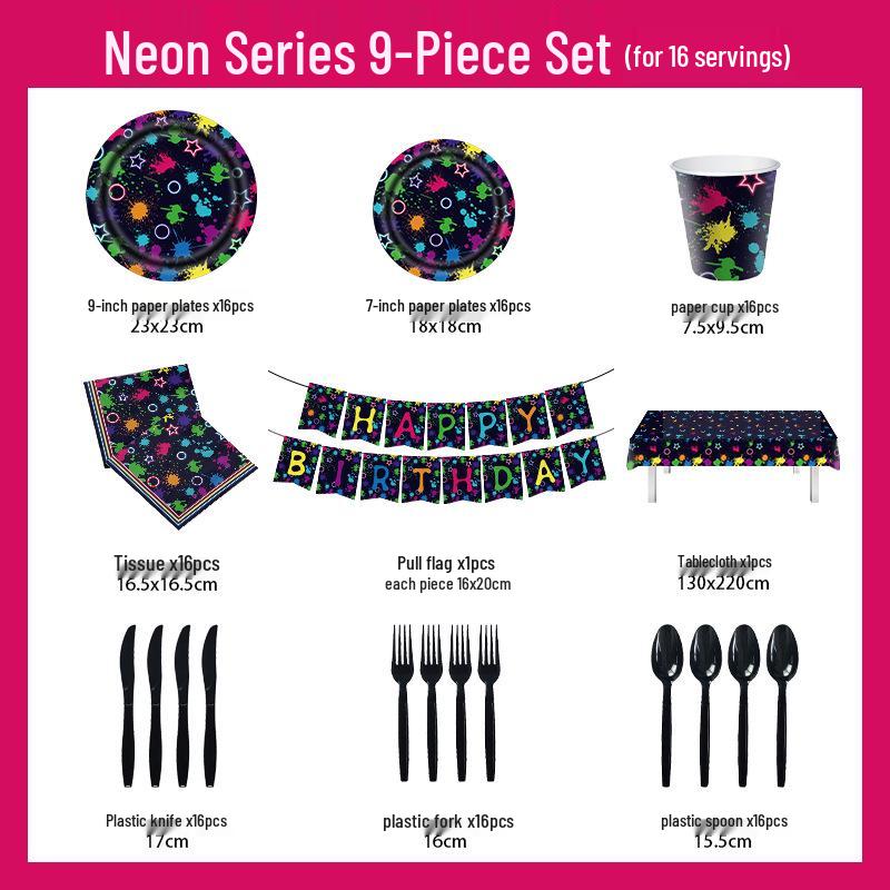 Neon Party Set: Disposable Napkins, Paper Plates, Cutlery, Bunting, Tablecloth, and Decorations