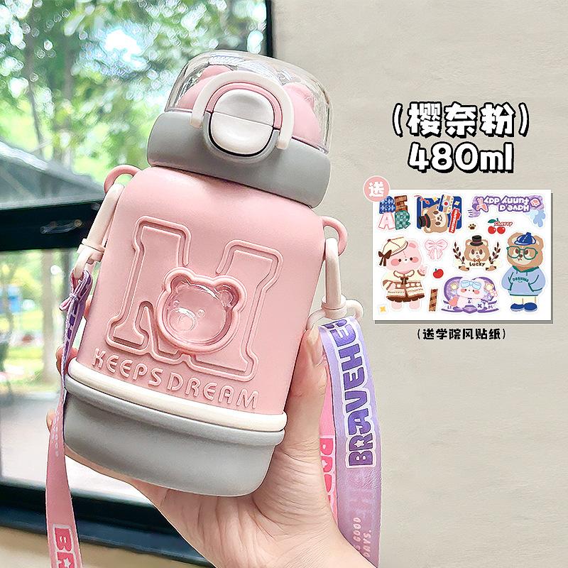 480ml Cute Bear 304 Stainless Steel Kids Thermos Bottle, Kawaii Vacuum Water Cup with Straw and Strap for School