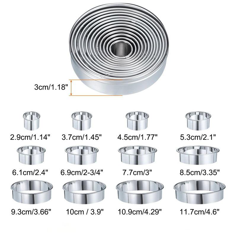 12Pcs Round Cookie Cutter Set Food-Grade 18/8 Stainless Steel Graduated Pastry Donut Molds for Baking DIY Kitchen
