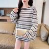 Women's Striped T-shirt Ladies' Contrasting Color Round Neck Long Sleeved Blouse New Korean Style Loose Versatile Top