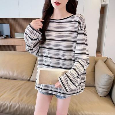 Women's Striped T-shirt Ladies' Contrasting Color Round Neck Long Sleeved Blouse New Korean Style Loose Versatile Top