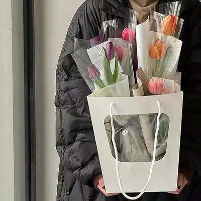 Trapezoid Window FlowerGift Bag Creative Handheld Bouquet Packaging for Mothers Day Birthday WeddingParty Favor Florist Supplies