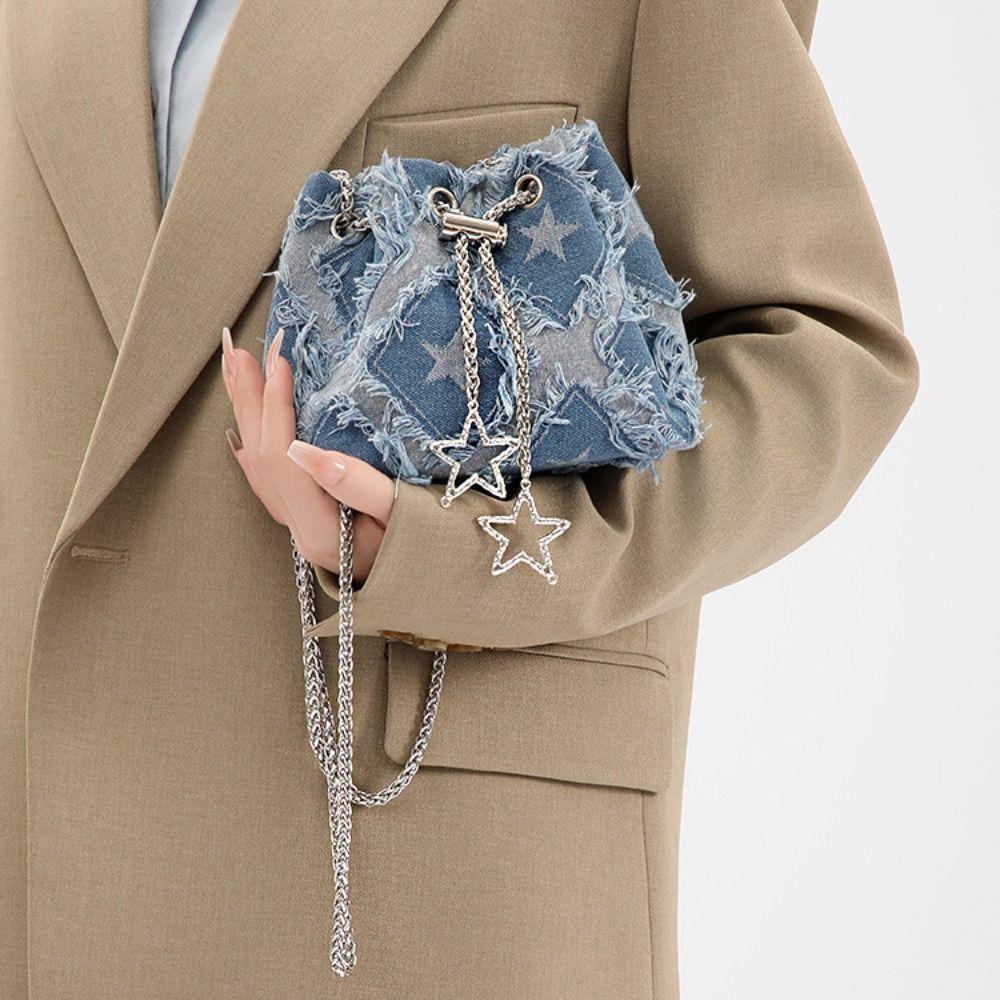 Drawstring Star Denim Bucket Bag Tassel Cloth Shoulder Bag Casual Metal Chain Crossbody Bag  Party