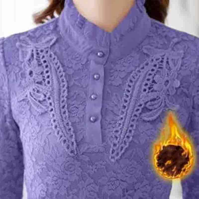 Camisa de encaje de otoño e invierno Camisa superior ajustada Camisa de mujer de talla grande con relleno de terciopelo y calidez