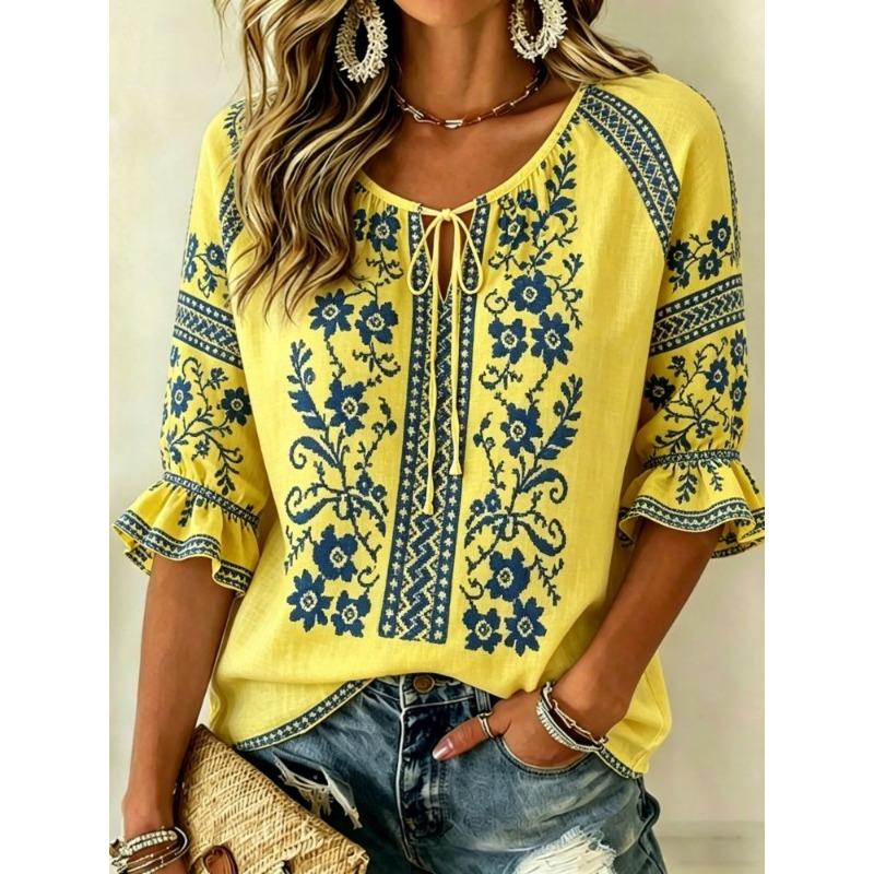 Women's Pink Floral Embroidered Tie Neck Blouse, Casual Loose Tops for Spring Summer Daily Wear & Vacation Occasions