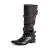 Vintage Pointed Boots Women's Black Rivet Punk Style Thick Heel Babes Knight Boots Strap Western Boots
