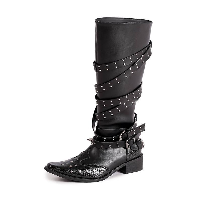Vintage Pointed Boots Women's Black Rivet Punk Style Thick Heel Babes Knight Boots Strap Western Boots