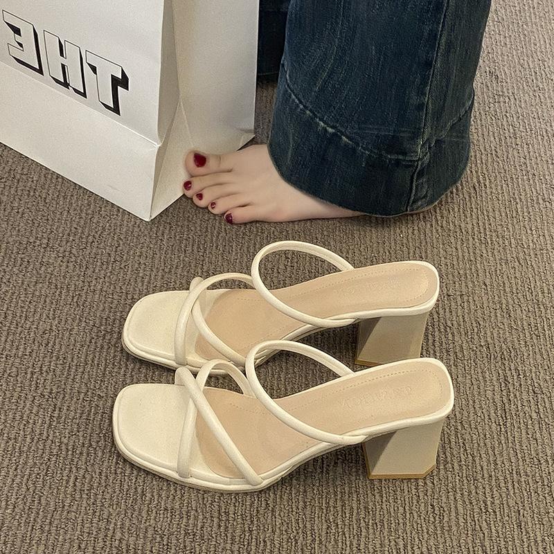 French niche thick heel cool slippers outside fairy shoes in the summer of 2025 new thin strap middle heel with skirt sandals