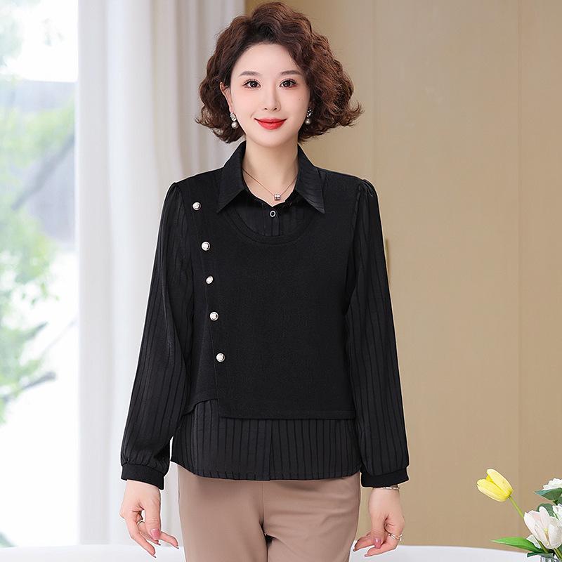 Women's Spring Summer Long Sleeve Chic Slimming Two-Piece Layered Top for Middle-Aged & Elderly