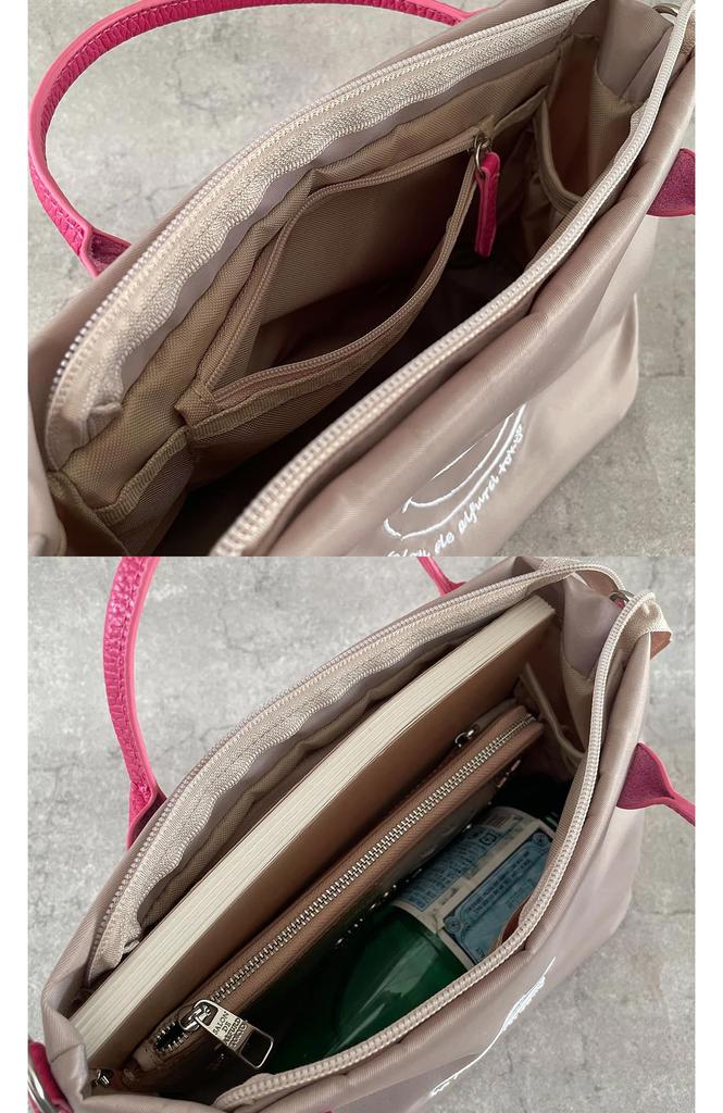 Salon De Alphard Women's Lightweight Water-Repellent Nylon and Genuine Leather Tote Bag with Compartments, Standing Stand, Multifunctional Design,