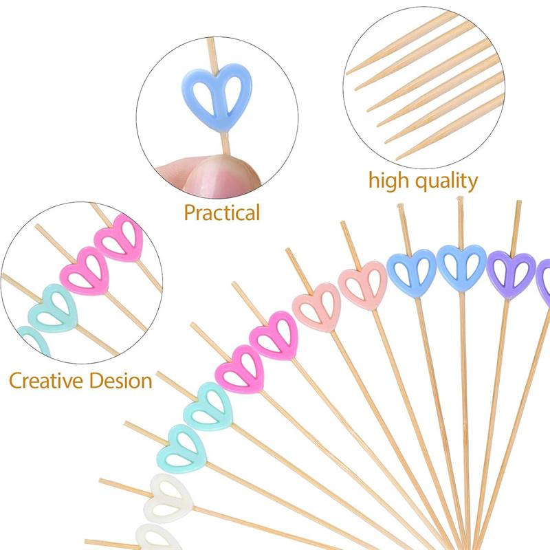 VV 100Pcs New Heart Cocktail Picks Toothpicks Skewers Bamboo Appetizer Sticks Decorations For Food Drinks Fruits Dessert