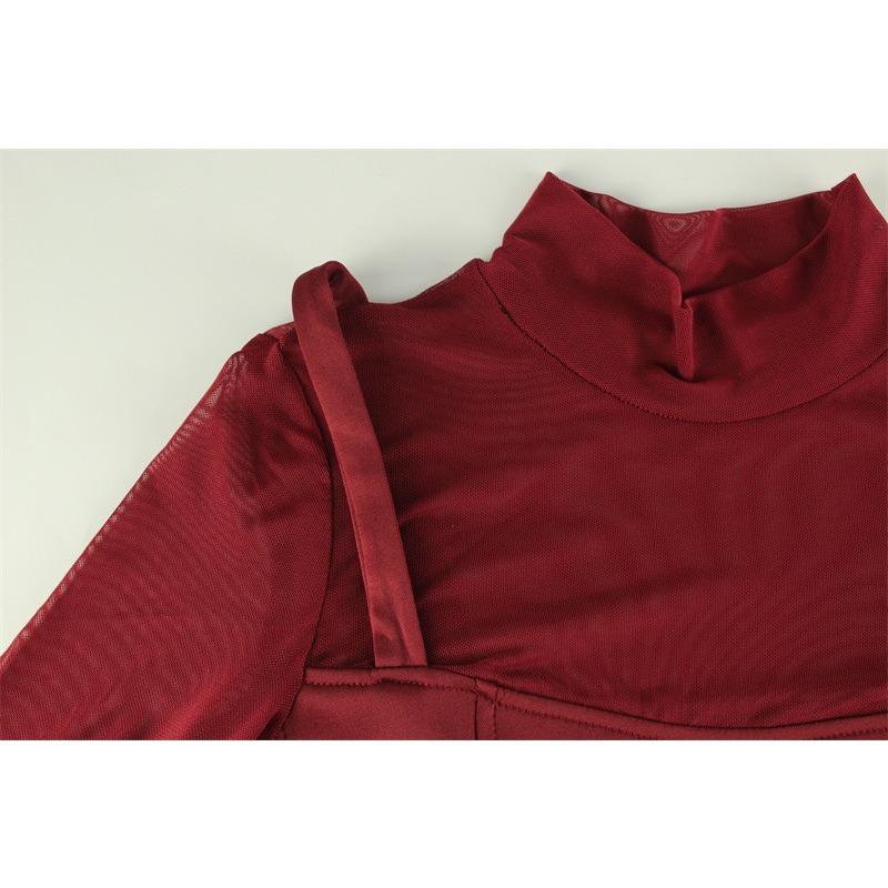 Women's Spring Fashion Temperament Mesh Patchwork Semi-high Neck Waist Dress