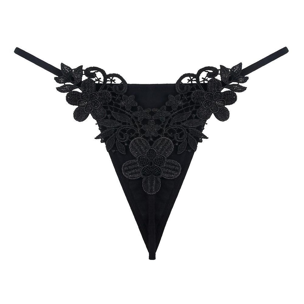 European and American Sexy Light Luxury Embroidered Thong Women's Ice Silk Seamless Low Waist Thin Belt Beautiful Buttocks with Hollowed-out Temptatio