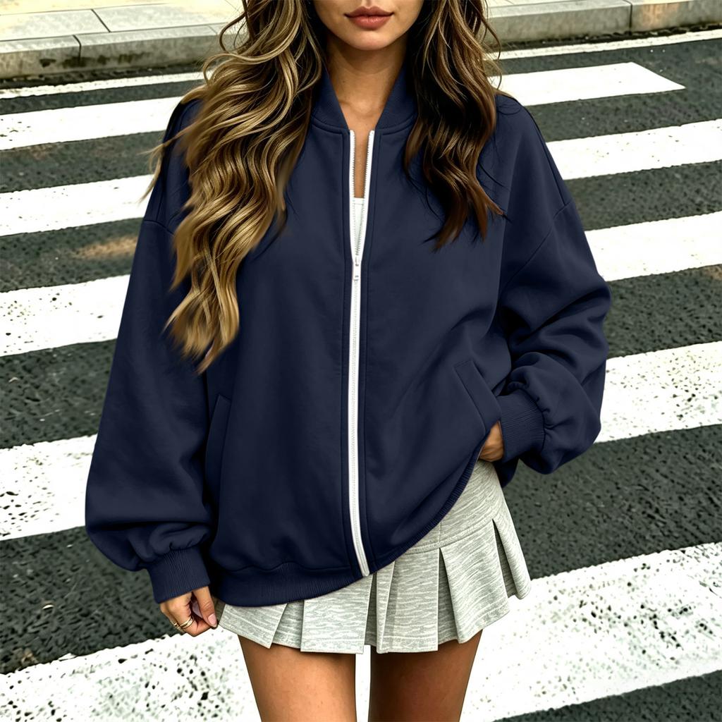 Women's Fashion Zip-Up Jacket with V-Neck Long Sleeve Loose Fit Color