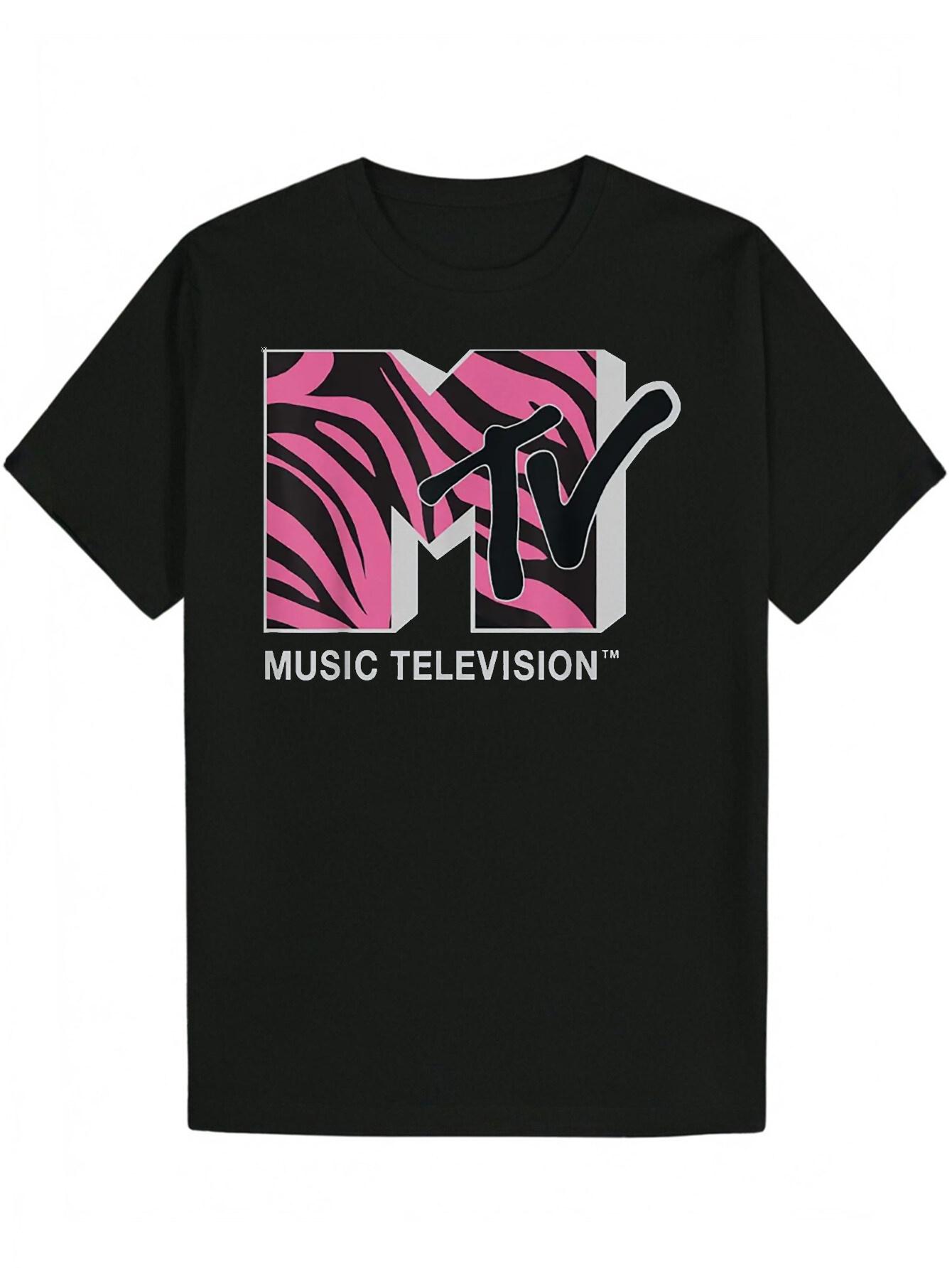 Crew Neck Polyester T-shirt with MTV Music Television Logo - Black with Pink & White Zebra Print Design M