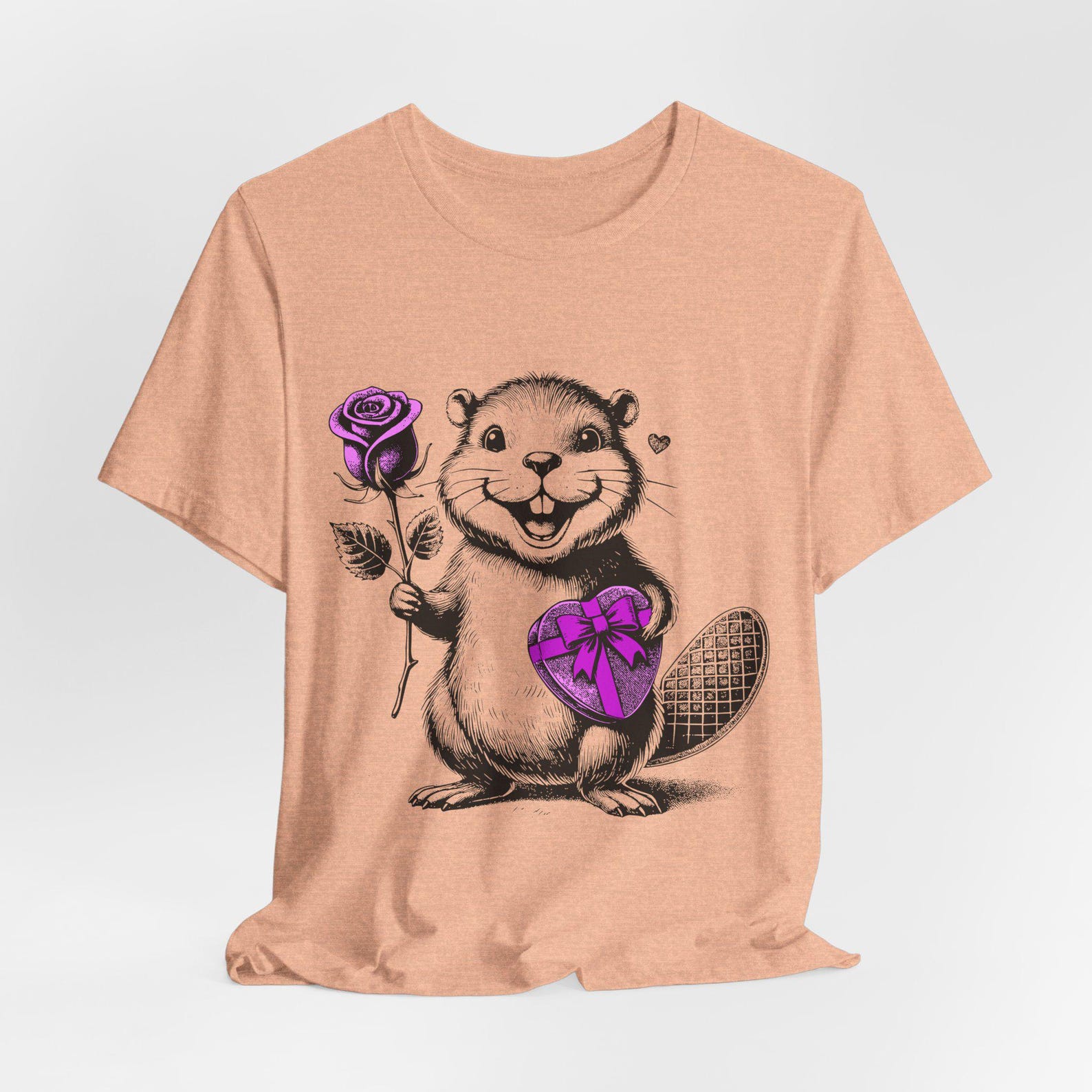 Cute Beaver Holding Rose and Heart, T-Shirt | Cute Valentine Tee M