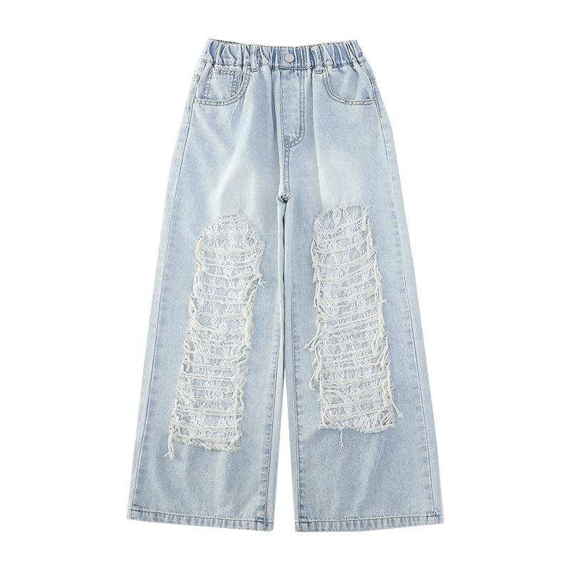 Girls' Ripped Jeans Children's Fashionable Lace Wide Leg Pants Summer Pants