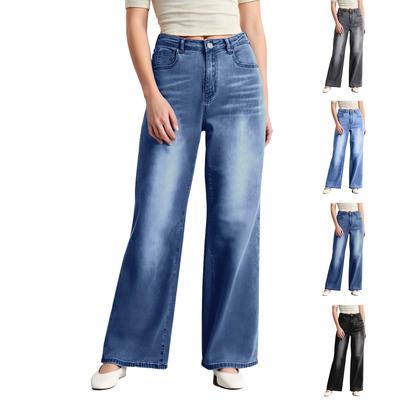 Damen Wide Leg Jeans High Waist Gerade Stretch Jeans mit Taschen