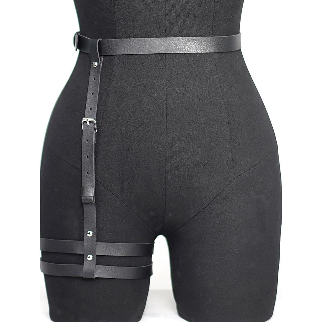 European & American Punk Black Leather Double-Layer Leg Ring & Multi-Layer Body Chain Waist Strap