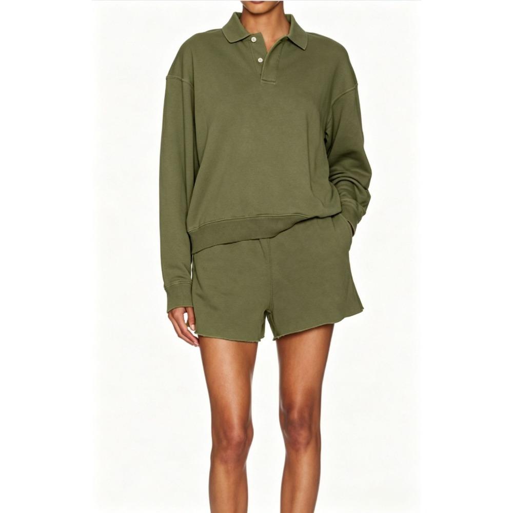 Women s Casual Tracksuit Long Sleeve Polo Sweatshirt Elastic Waist Shorts Two Piece Outfit S