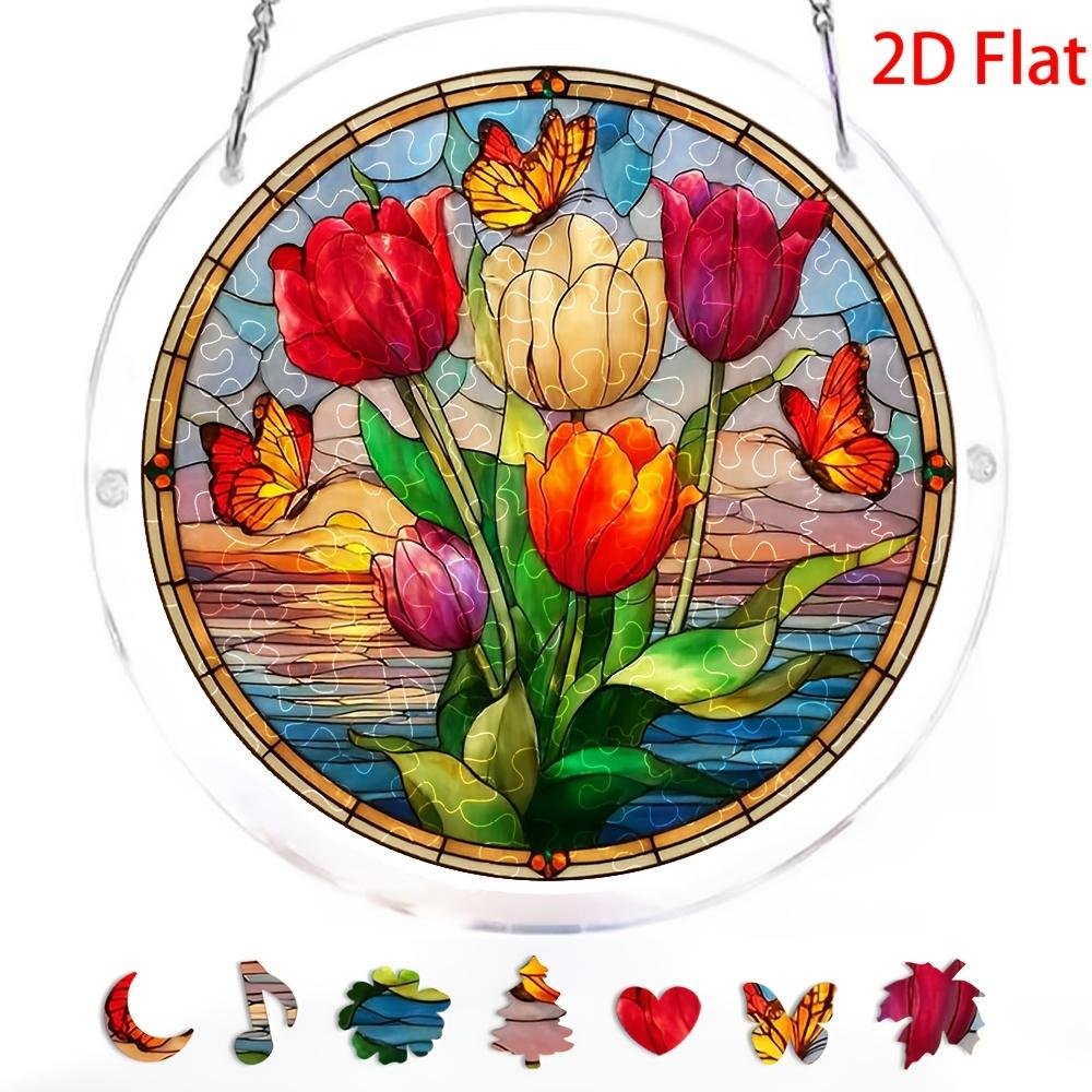 2D Flat - 2D 82pcs Acrylic Sun Catcher Puzzle, Spring Tulip Butterfly, 18.49 cm Window Hanging Ornament, Colored Faux Glass Acrylic Puzzle, Suitable f