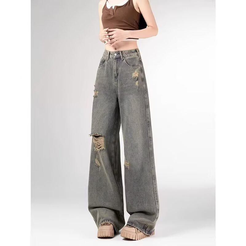 Women s High-Waist Ripped Retro Wide-Leg Jeans XL