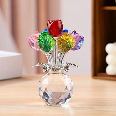 Creative Crystal Rose Sculpture Reflect Colorful Rose Bouquet Ornaments Small Handmade Crystal Rose Bundle Mother's Day
