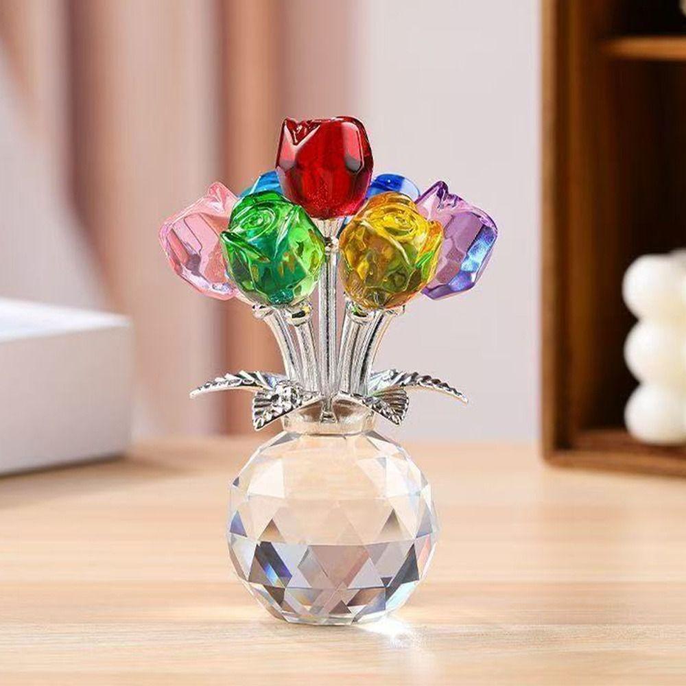 Creative Crystal Rose Sculpture Reflect Colorful Rose Bouquet Ornaments Small Handmade Crystal Rose Bundle Mother's Day