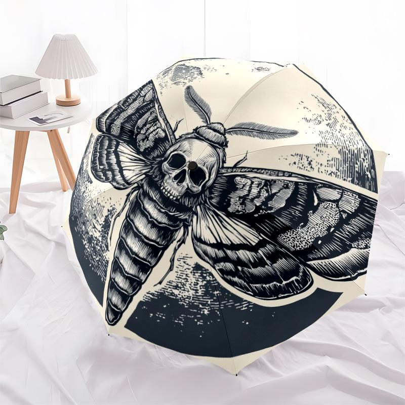 

0106 Winged Insect with Moon & Skull pattern, automatic folding umbrella, portable and foldable design, 8 ribs, a Christmas or birthday gift.