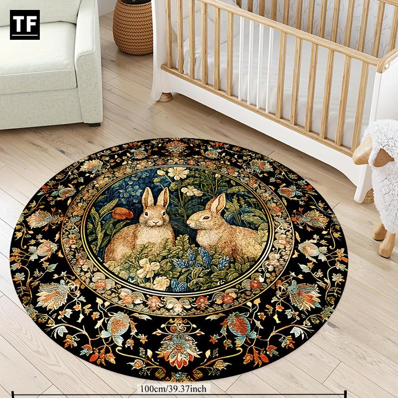 Easter Retro Floral Rabbit Pattern Round Area Rug Bedroom Living Room Garden Decor Living Room Carpet Decorative Floor Mat