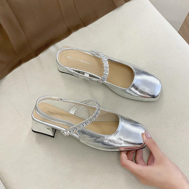 Square head soft leather bag head empty sandals women's thick heel spring and summer new fashion rhinestone comfortable middle heel Mary Jane