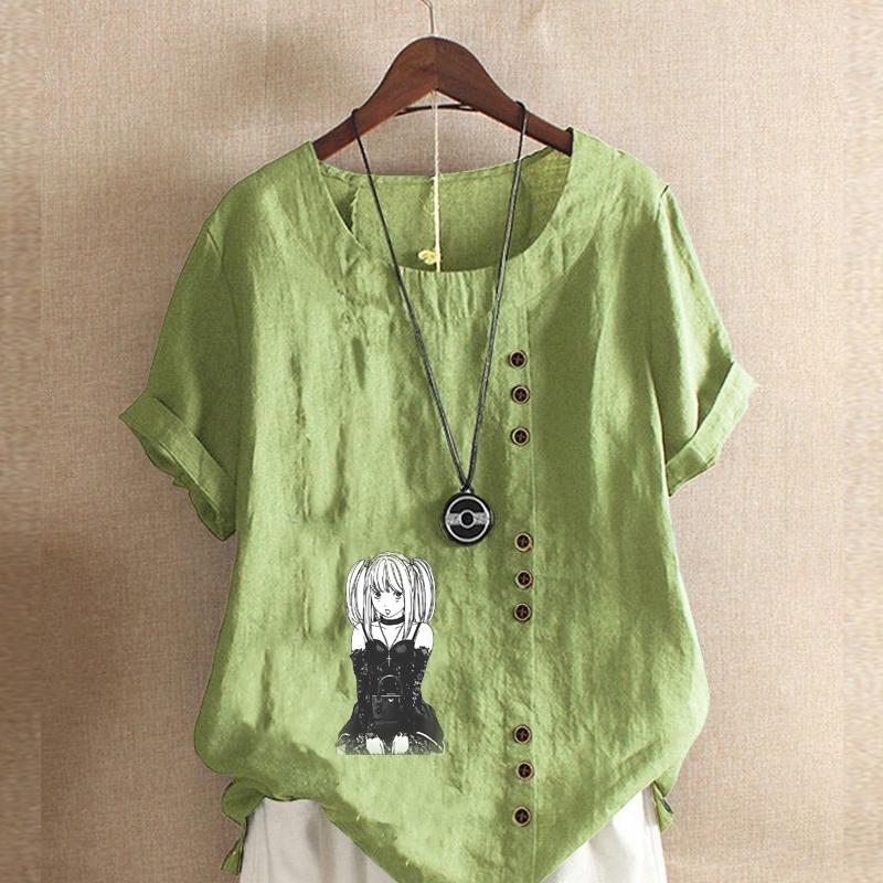 

Женская мода Cool Girl Print Короткие рукава футболка свободная хлопковая рубашка повседневная свободная летняя блузка топы больших размеров 5XL зелёный