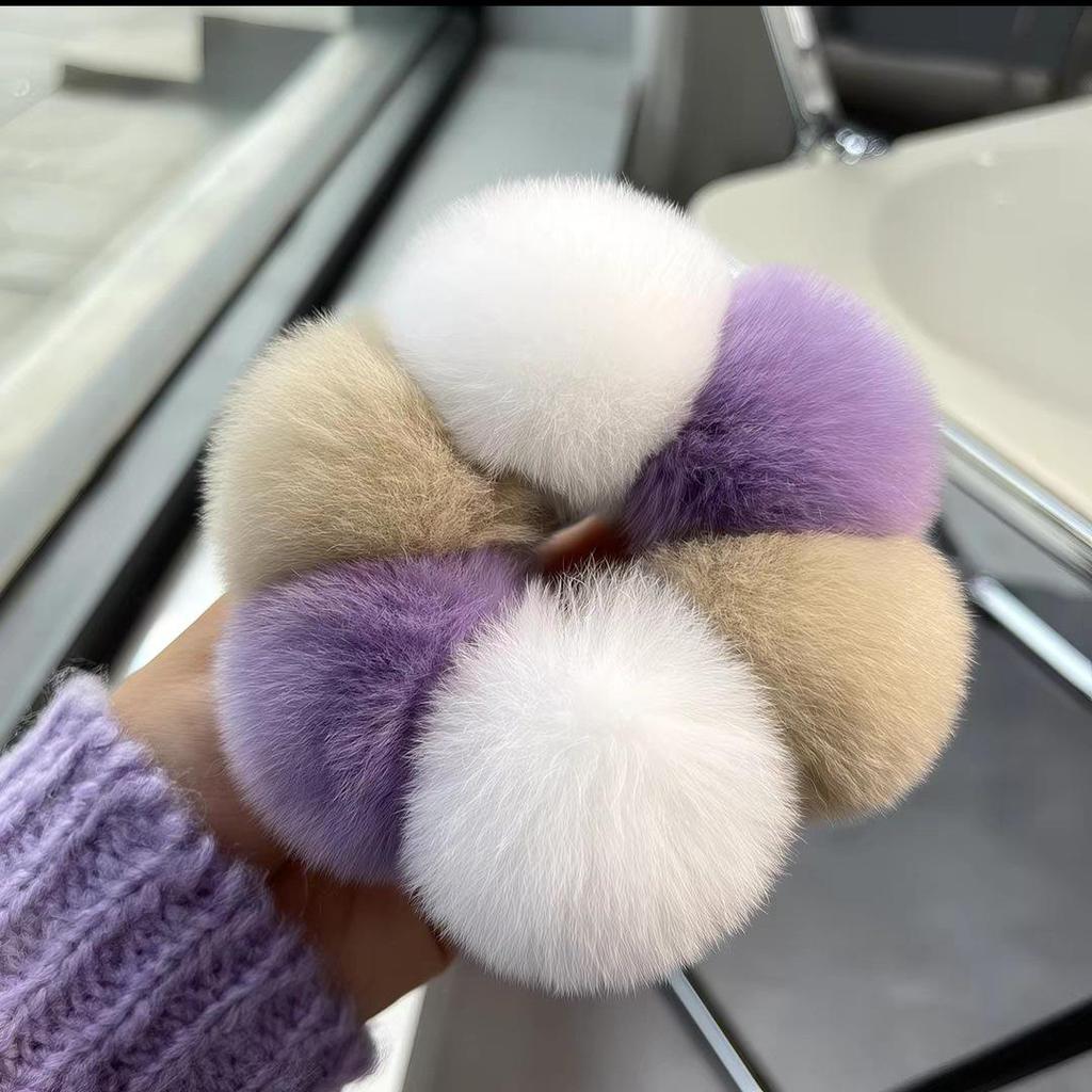 Korean Cute Real Rabbit Fur Pom-Pom Hair Tie - Plush Ball Hair Accessory