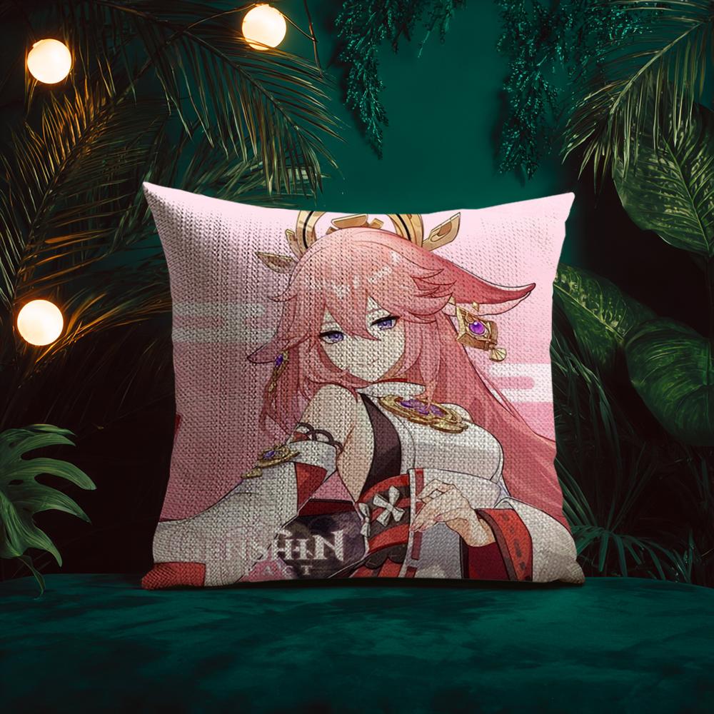 Genshin Impact Yae Miko Cushion Cover Natural Linen Pillow Case Double-Sided Print Decorative Sofa Pillowcase Home Decor Gift