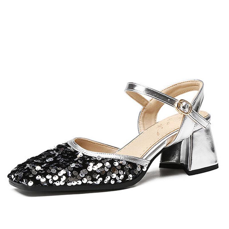 Square Toe Summer Party Shoes Women Sequin Closed Toe Thick Heels Women Sandals Glitter Dress Shoes for Woman Sandalias WSH5324