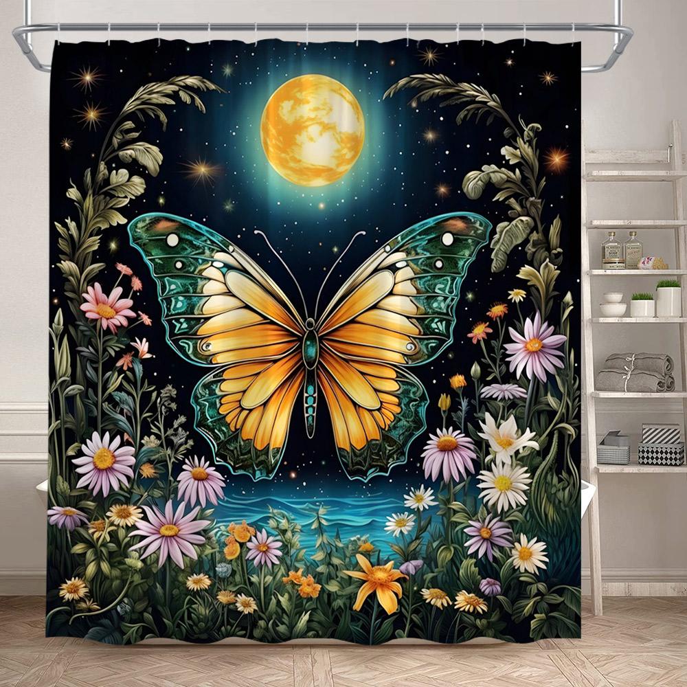 Rustic Floral Moth Shower Curtains Vintage Boho Art Dragonfly Flowers Green Plants Bathroom Curtain Polyester Fabric Home Decor