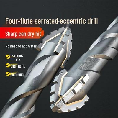 Sharp Eccentric Drill Bit with Four Blades for Porcelain, Iron, Wood, Concrete - Hex Shank for Dry Drilling