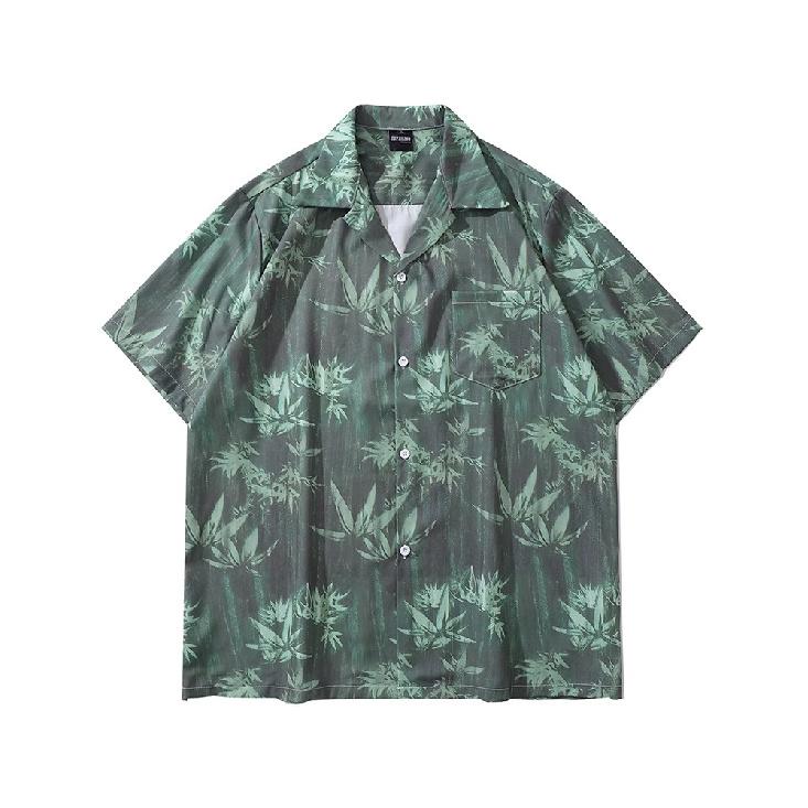 Bcbgh National Style Vintage Ink Painting Flower Short Sleeve Shirt Men's Loose Cuban Collar Hawaiian Shirt