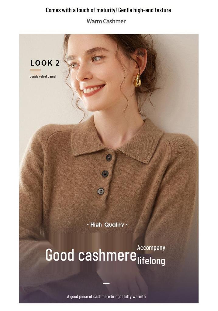 Women's 2024 Autumn/Winter Cashmere Polo Neck Half-Button Loose Slimming Pullover Sweater
