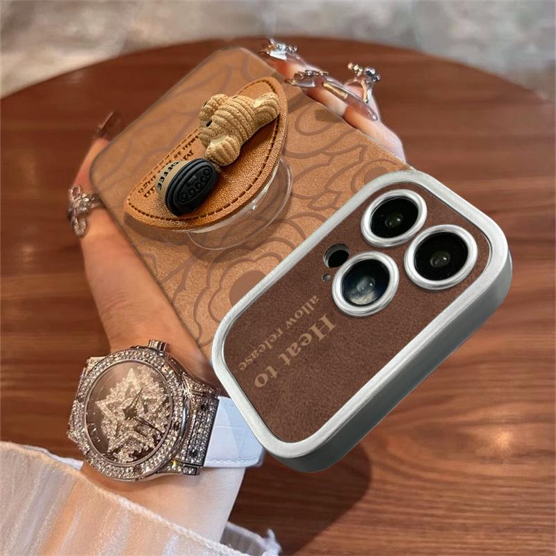 Coffee Bear Tripod Is Suitable for Apple 16 Large Window Phone Cases, 15PM Electroplated Suede 14 Shockproof XR