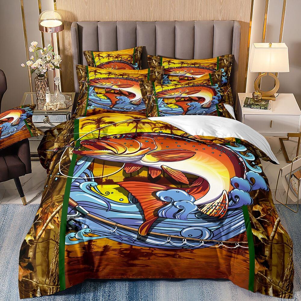 3D Fishing Bedding Set King Queen Bed Cover Pillowcase 2/3pcs Soft Quick Drying Fabric Cute Pattern Cover Gift Single Bed Double Bed