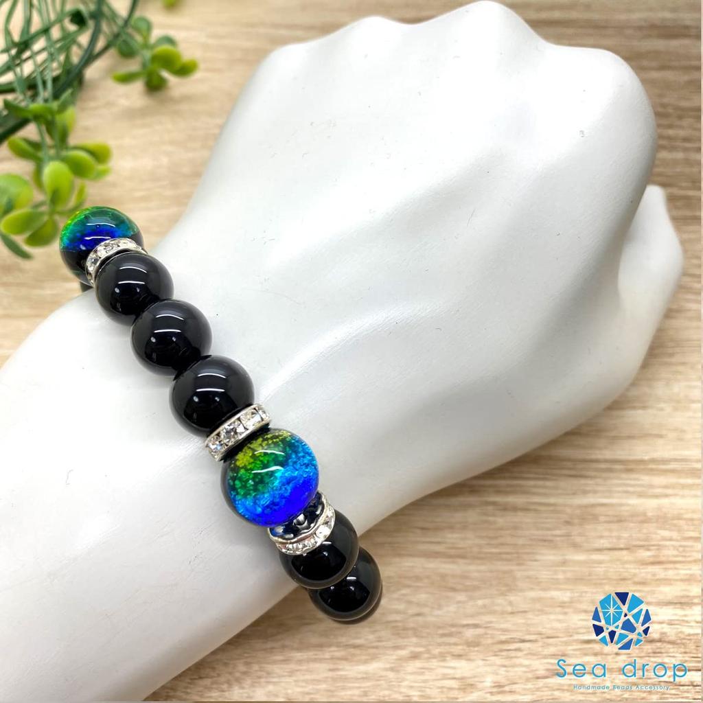 Luminous Firefly Glass Kerama Marine Pair Bracelet Onyx 12mm Quartz 10mm Glass Beads [Sea Drop] Glow-in-the-dark [092bt]